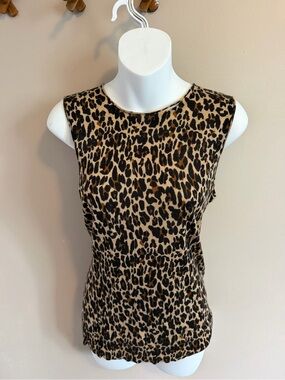 Tory Burch Leopard Print Wool Shell Knit Tank Top Gold Logo Zipper Tan M *flaw